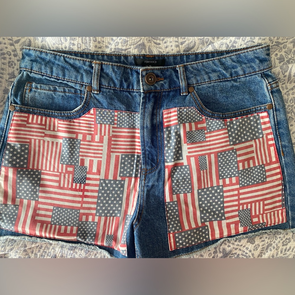 Forever 21 American Flag Denim Short Shorts - Red White Blue Distress